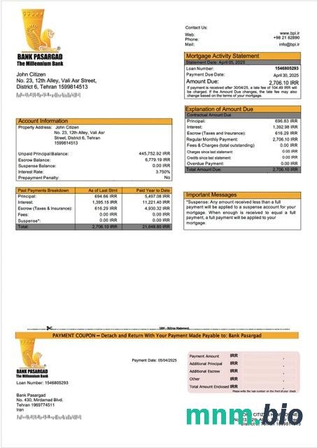 Iran Bank Pasargad wyciąg z kredytu hipotecznego szablon Word i PDF